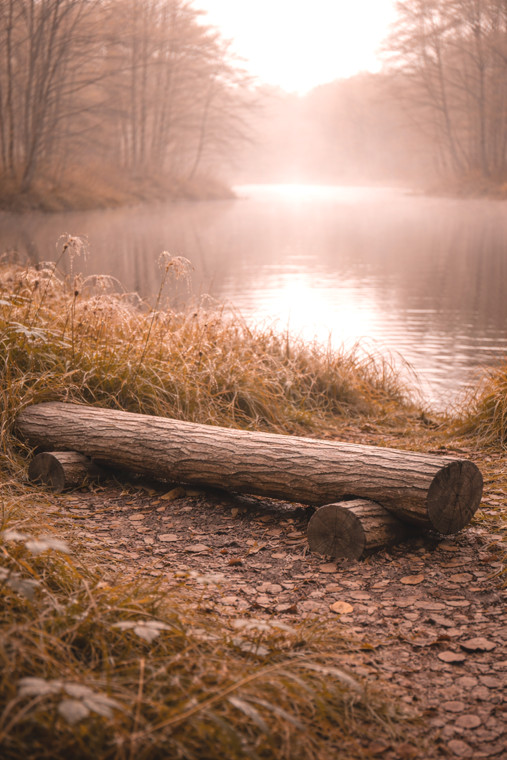 Ein Holzstamm liegt am Ufer eines Flusses mit Bäumen im Hintergrund und Sonnenlicht am Horizont.