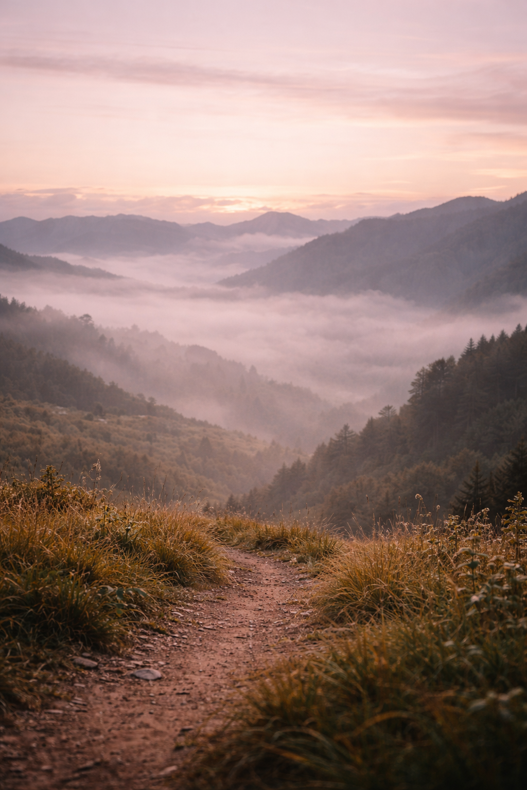 Ein Wanderweg in den Bergen bei Sonnenaufgang mit Nebel, bewaldeten Hügeln und einem pastelfarbenen Himmel.