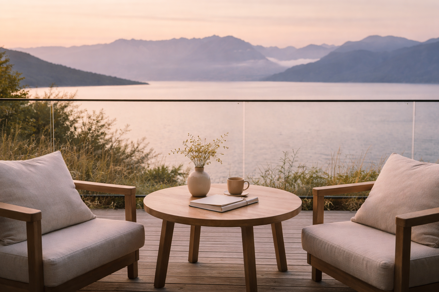 Gemütliche Terrasse mit Blick auf einen See und Berge bei Sonnenaufgang, zwei bequeme Sessel, ein runder Holztisch mit Buch, Kaffeetasse und Vase mit Blumen.