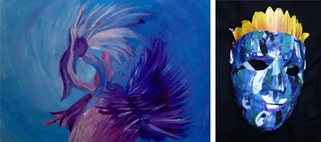 Artwork featuring a blue mask and a painting of purple wings