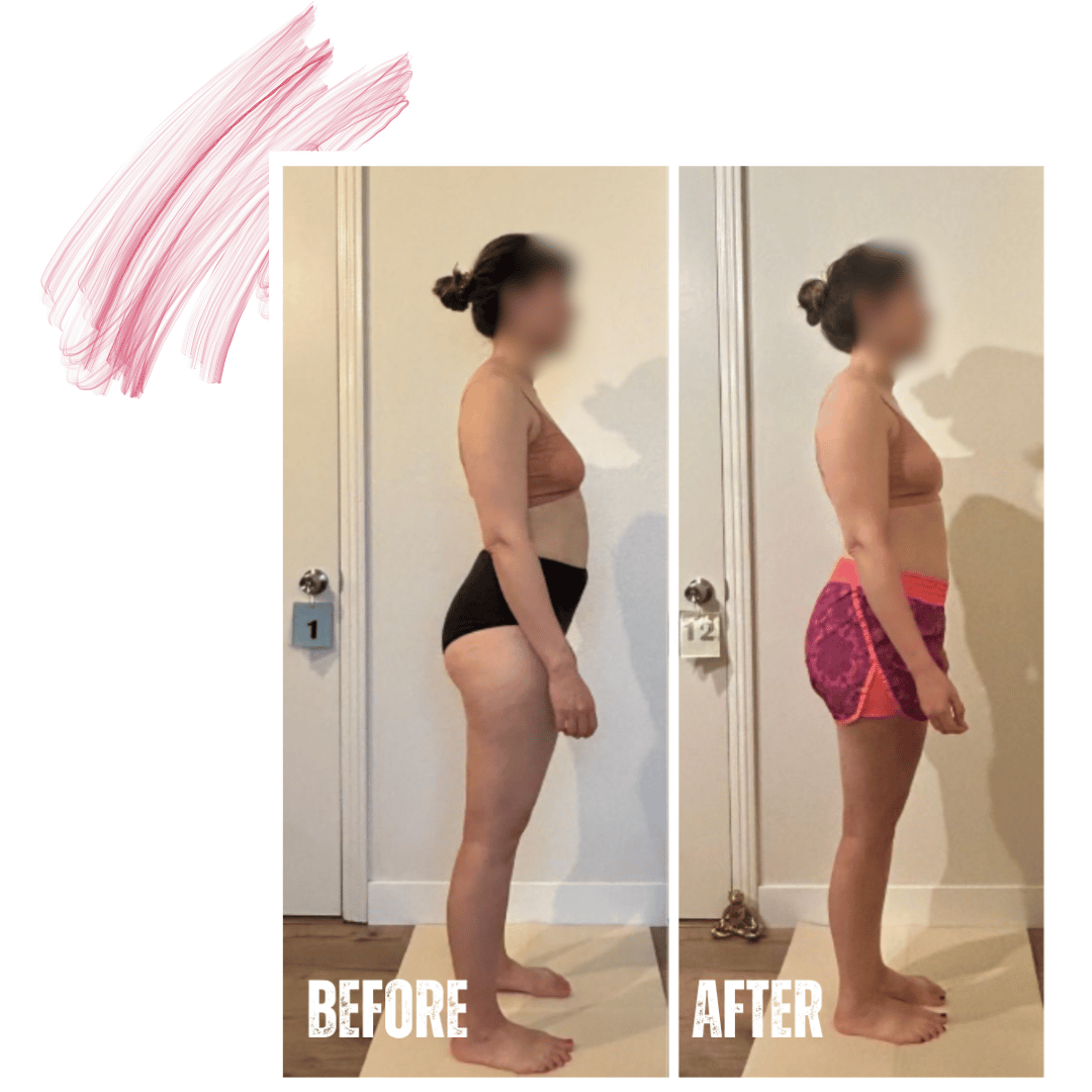 Side-by-side comparison of a woman’s body before and after fitness progress, with the left labeled 'BEFORE' and the right labeled 'AFTER'.