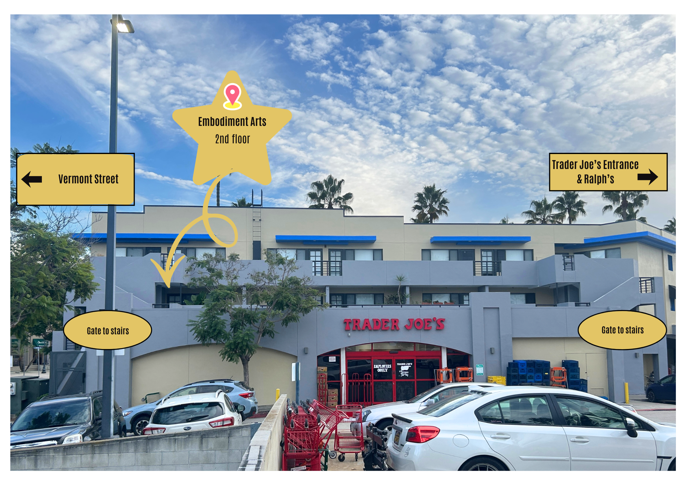 A Trader Joe's store with parking lot and cars in the foreground. Signs indicate directions to Vermont Street on the left, Trader Joe's & Ralph's entrance on the right, stairs, and second-floor Embodiment Arts. The store has a red sign, a tree in front, and a sky with scattered clouds.