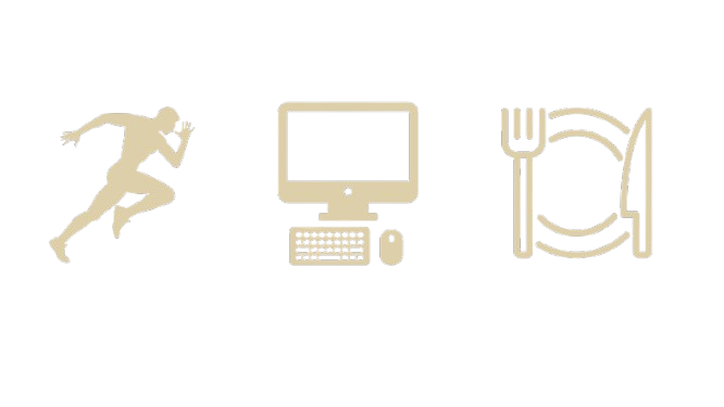 Icon of a running person, a computer with keyboard and mouse, and a plate with fork and knife on it.