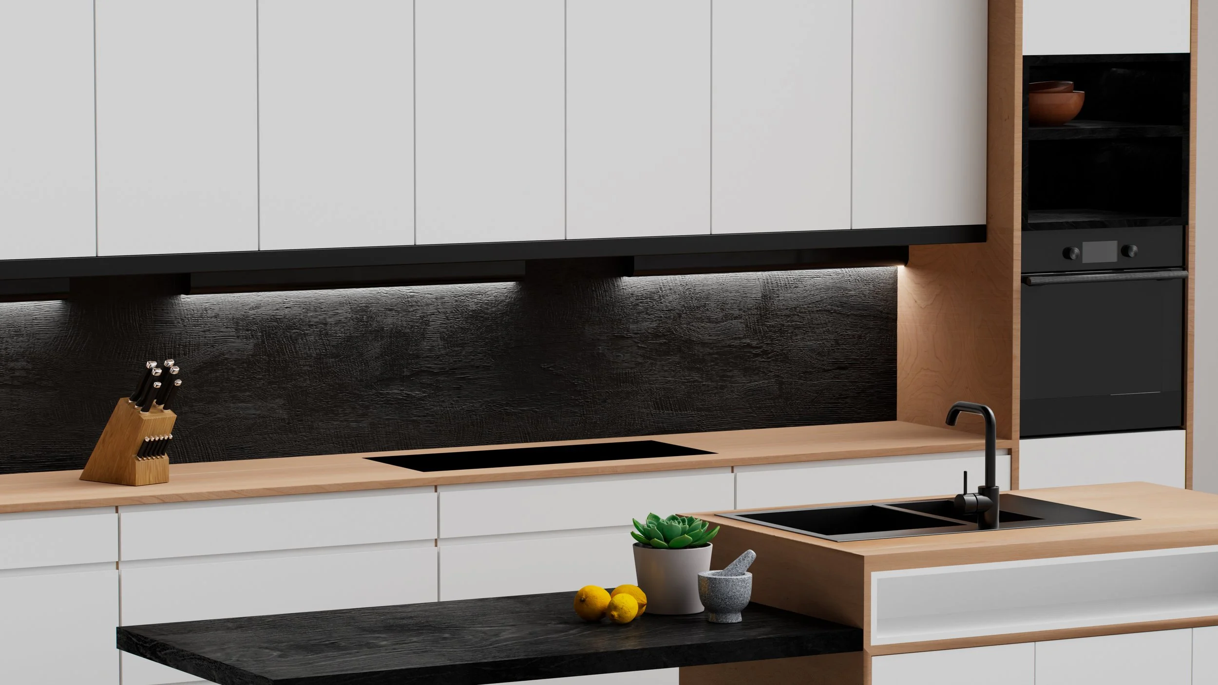 ブラ⁠ックのテクスチ⁠ャ⁠ー ウ⁠ォ⁠ールにドラマチ⁠ックな照明が映えるモダンなキ⁠ッチン