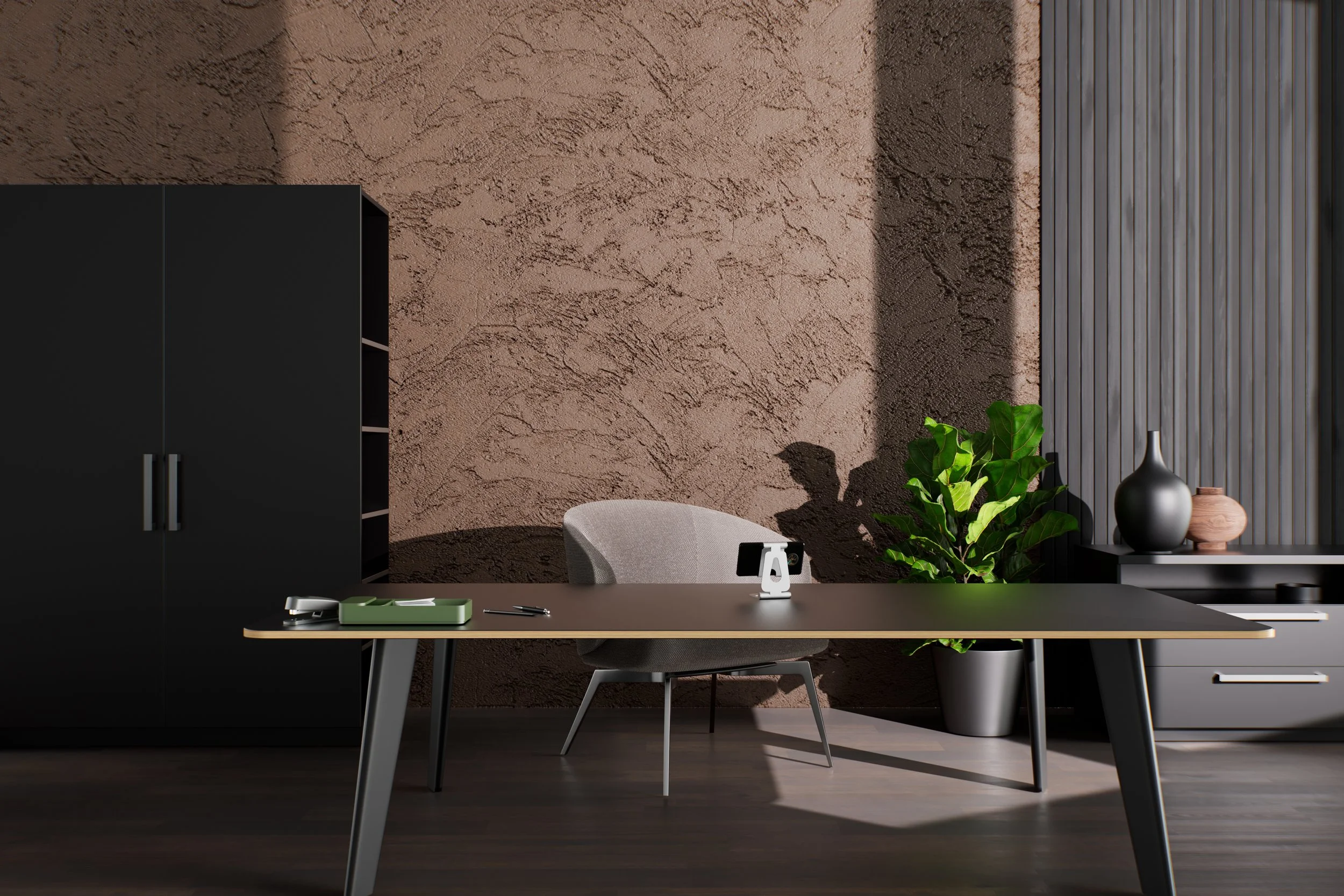 テラコ⁠ッタ色のテクスチ⁠ャ⁠ー ウ⁠ォ⁠ールのモダンなオフ⁠ィス