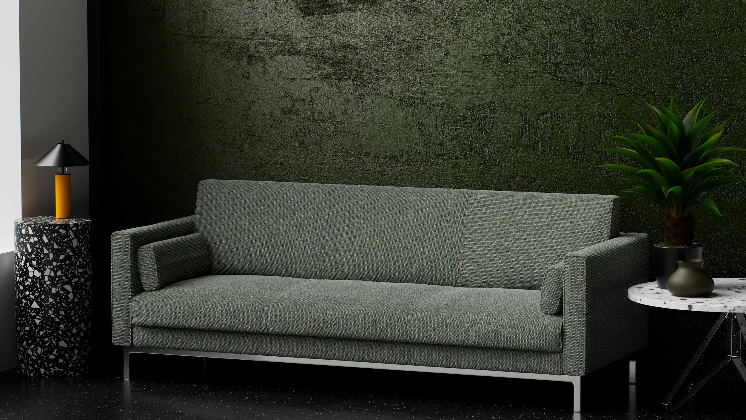 Parete con texture verde in soggiorno
