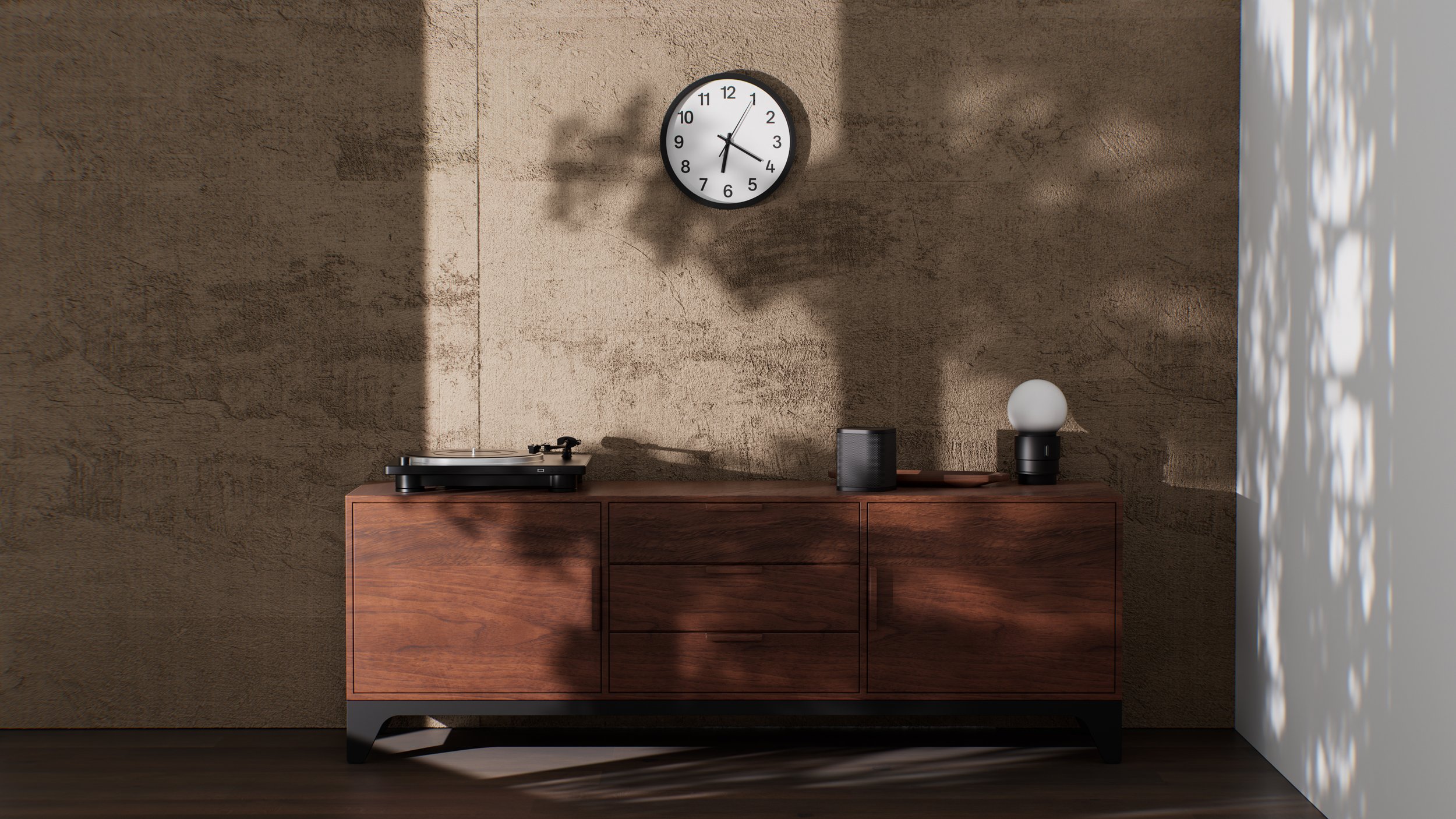 Credenza in legno posizionata di fronte a una parete con texture beige