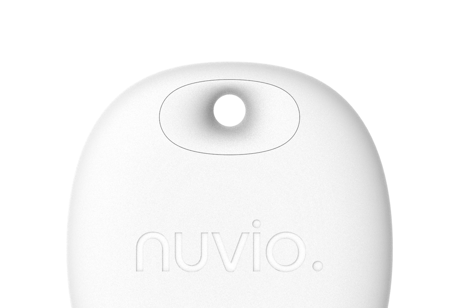 Close-up of a white, rounded device with a small circular opening at the top and the brand name 'nuvio.' embossed on its surface.