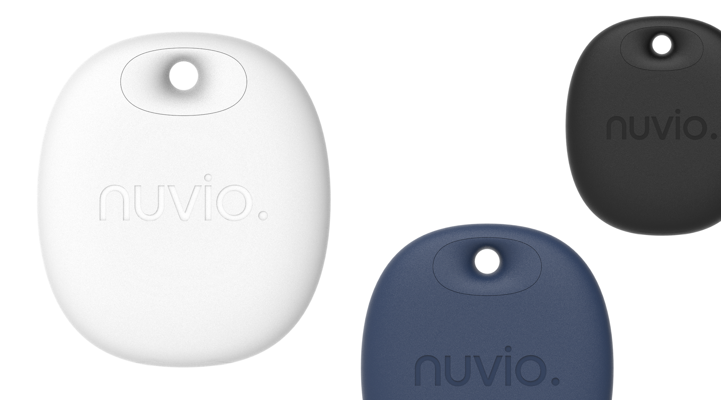Nuvio TraxTag smart trackers in white, black, and estate blue colours, each with a small circular keyring loop.