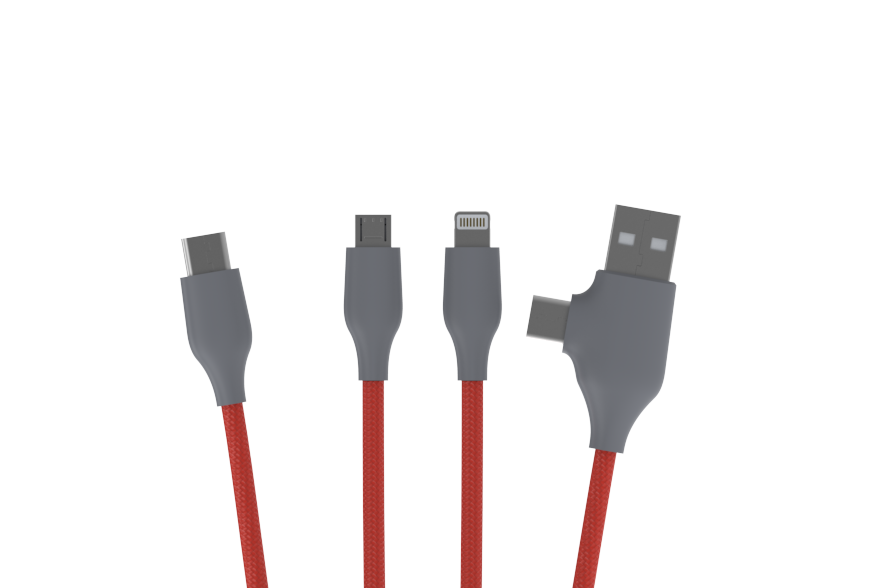 Close-up of four different USB and charging cables with red braided cords, displayed against a white background.