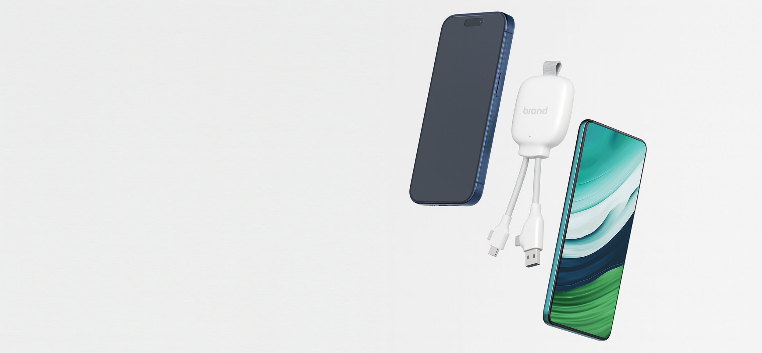 Two smartphones, one with a green and teal screen and one with a dark screen, a white charging cable with a power adapter, all against a white background.