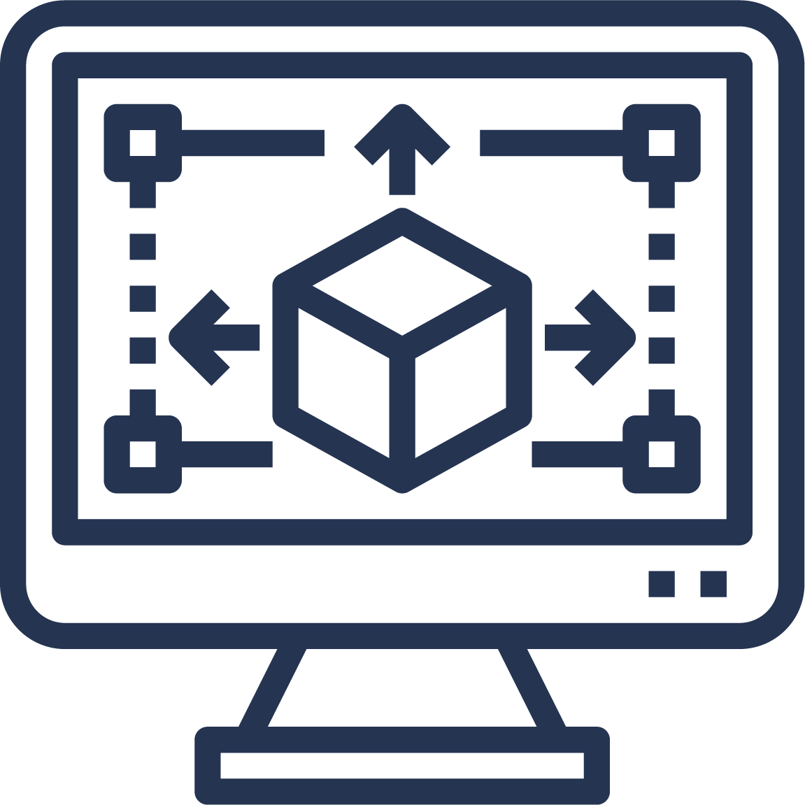 Icon of a computer monitor displaying a 3D cube with arrows indicating resizing or scaling.