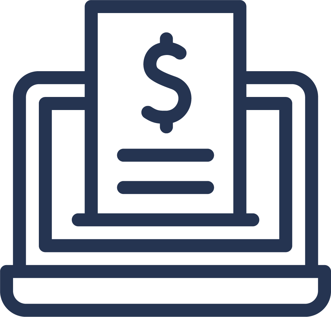 Icon of a computer screen displaying a paper with a dollar sign, indicating online financial or payment concept.