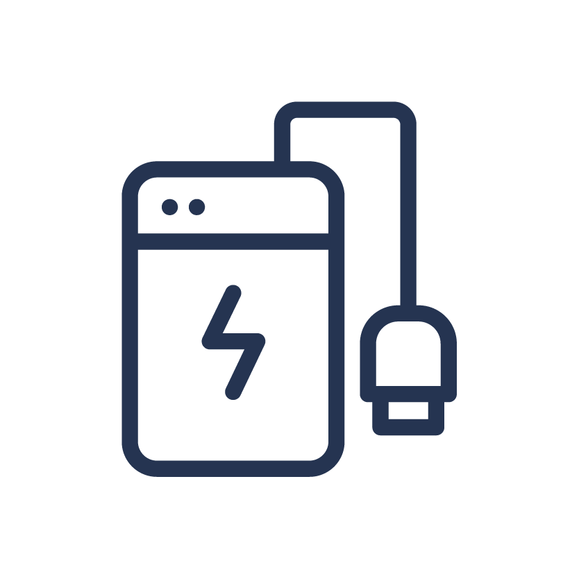 Outline illustration of a portable battery charger with a lightning bolt symbol and a connected power plug.