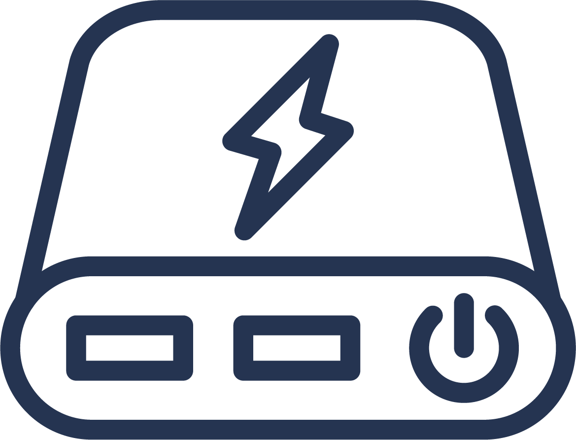 Icon of a power bank with a lightning bolt symbol, two rectangular ports, and a power button.