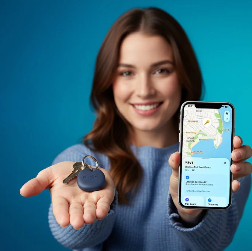 A woman with brown hair smiling while holding a smartphone showing a map with keys, and a set of keys on a small blue tracker device in her other hand.