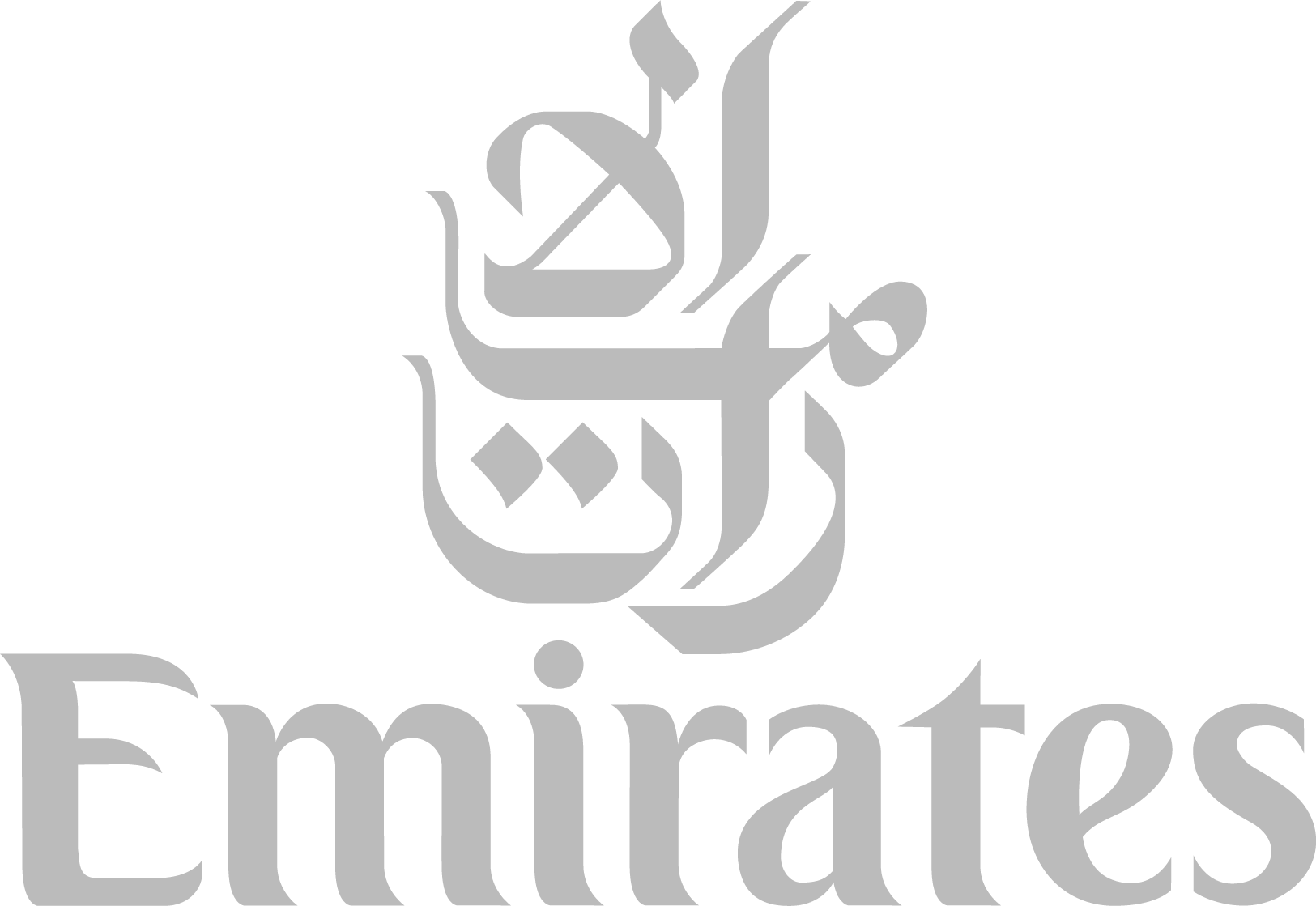 Black background with a grey stylized logo of a falcon and Arabic calligraphy above the word "Emirates" in grey.