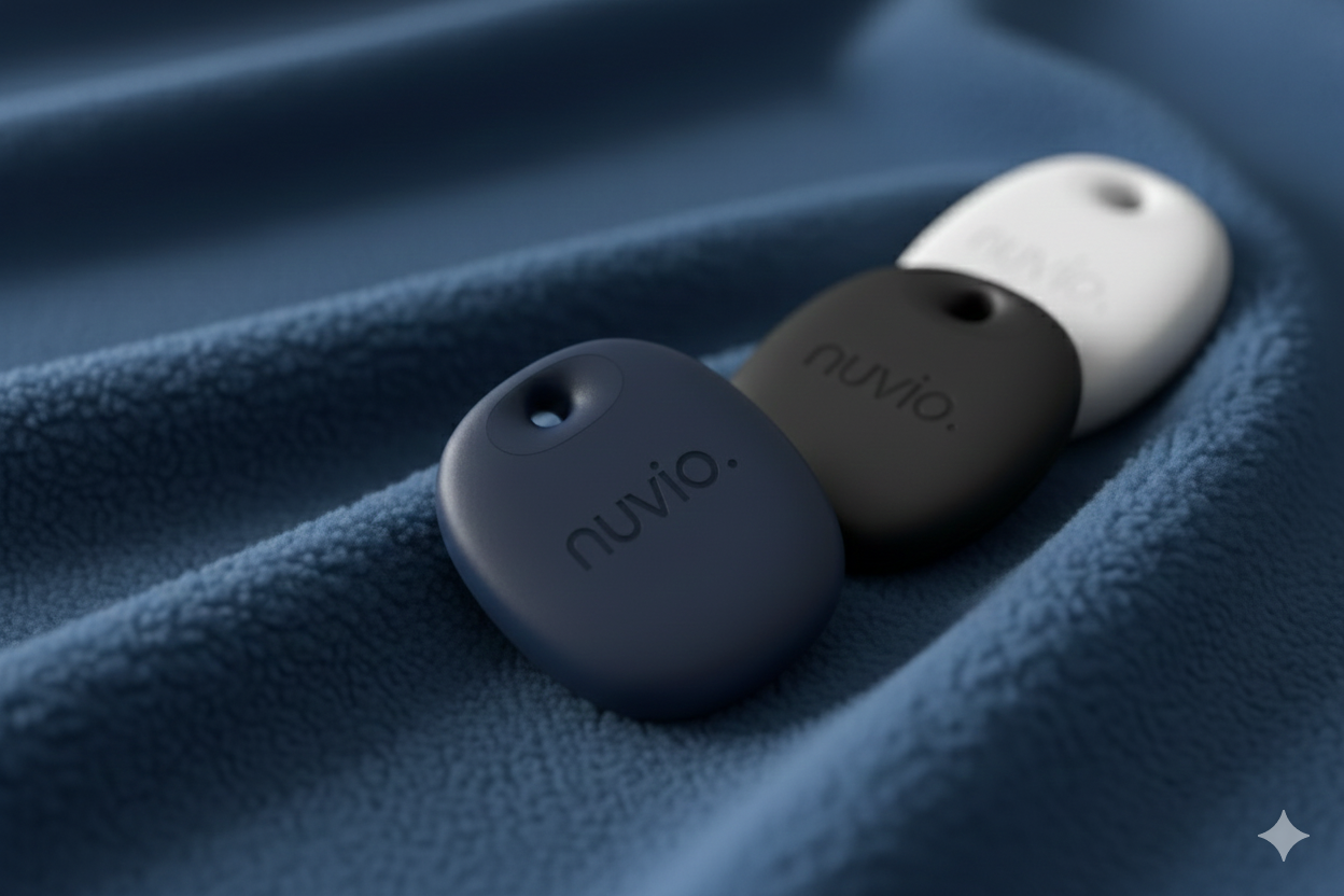 Nuvio TraxTag smart trackers in estate blue, black, and white with a circular keyring loop.