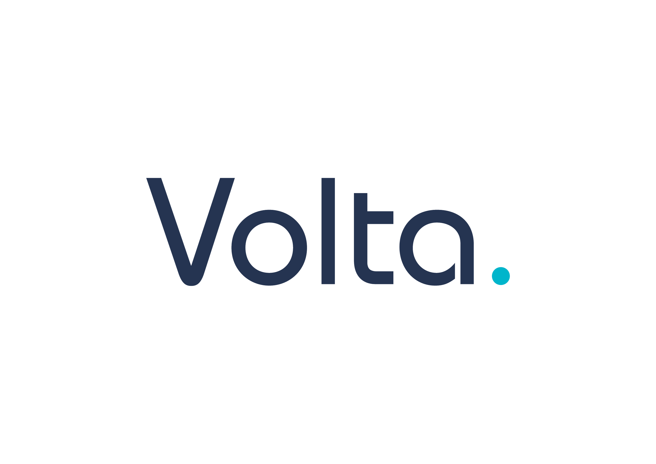 The logo of Volta with the company name in dark blue letters and a small teal dot at the end, against a plain black background.