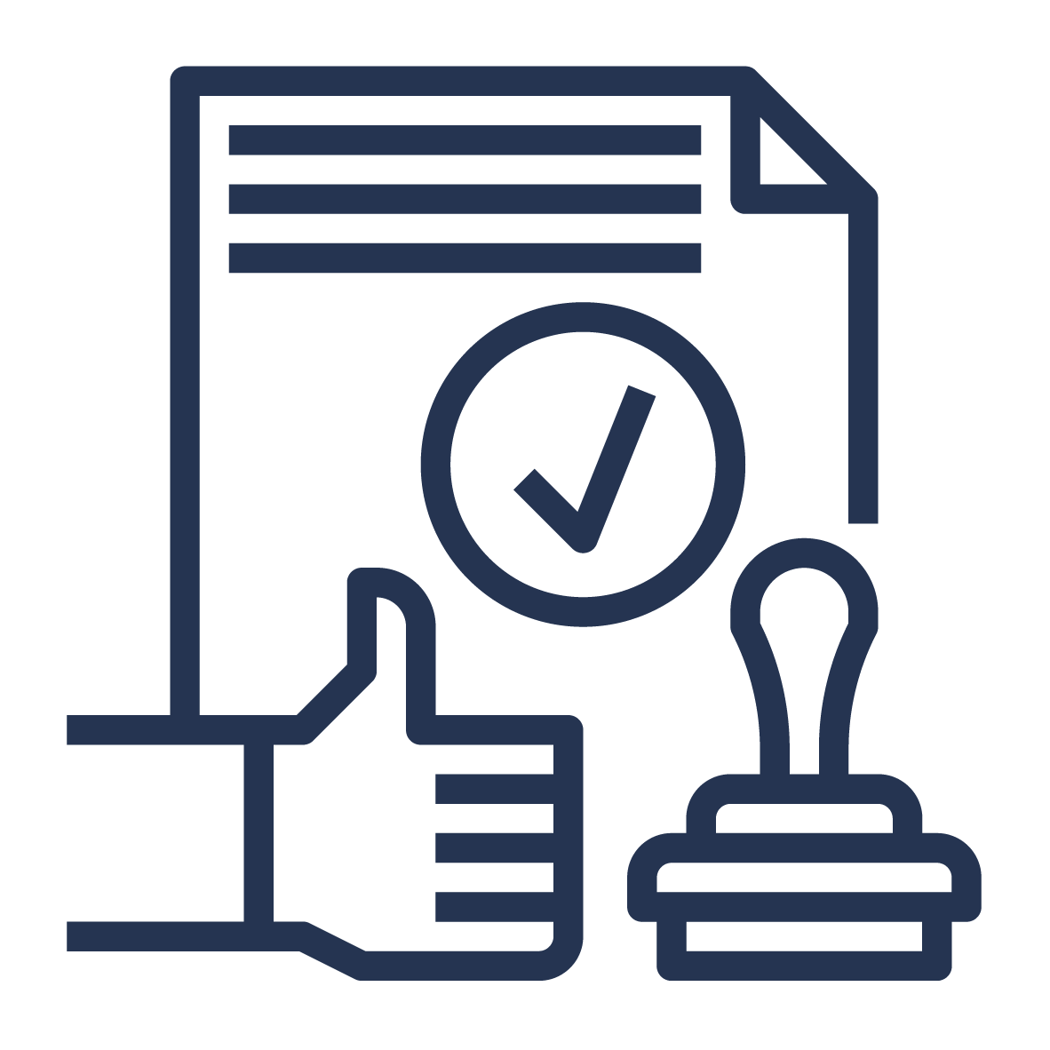 Icon of a document with a check mark in a circle, a hand giving a thumbs up, and a thumbtack.