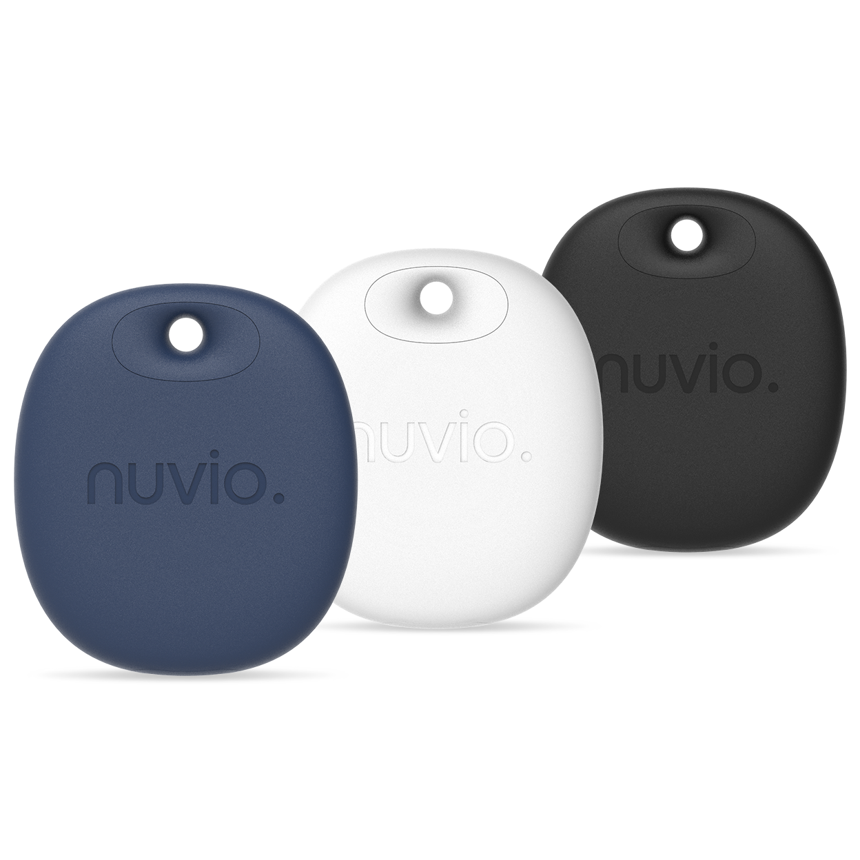 Three Nuvio portable pest repellers in navy blue, white, and black, arranged side by side with shadows beneath them.
