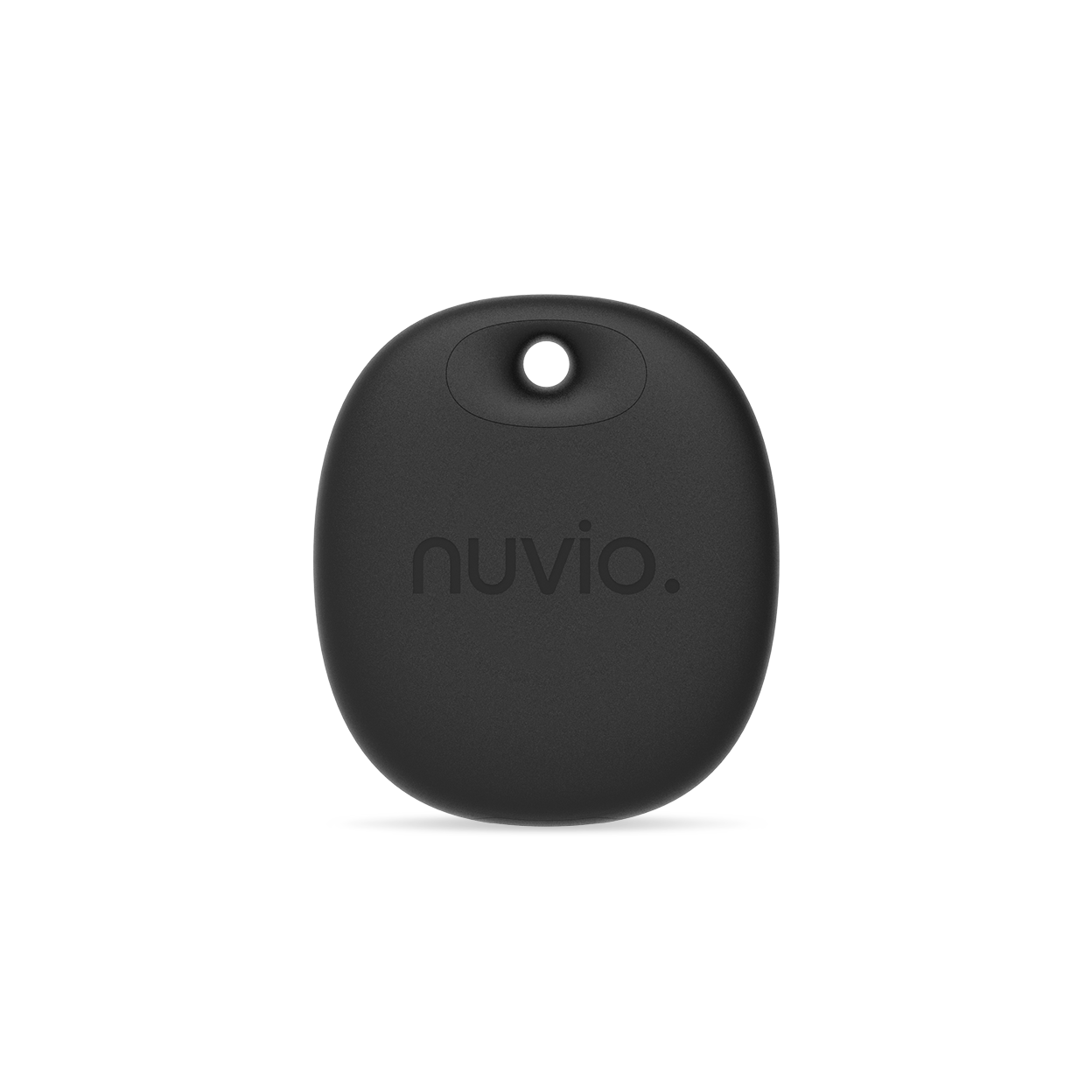 Black oval NuVio portable device with a small circular opening at the top, placed on a white surface with a black background.