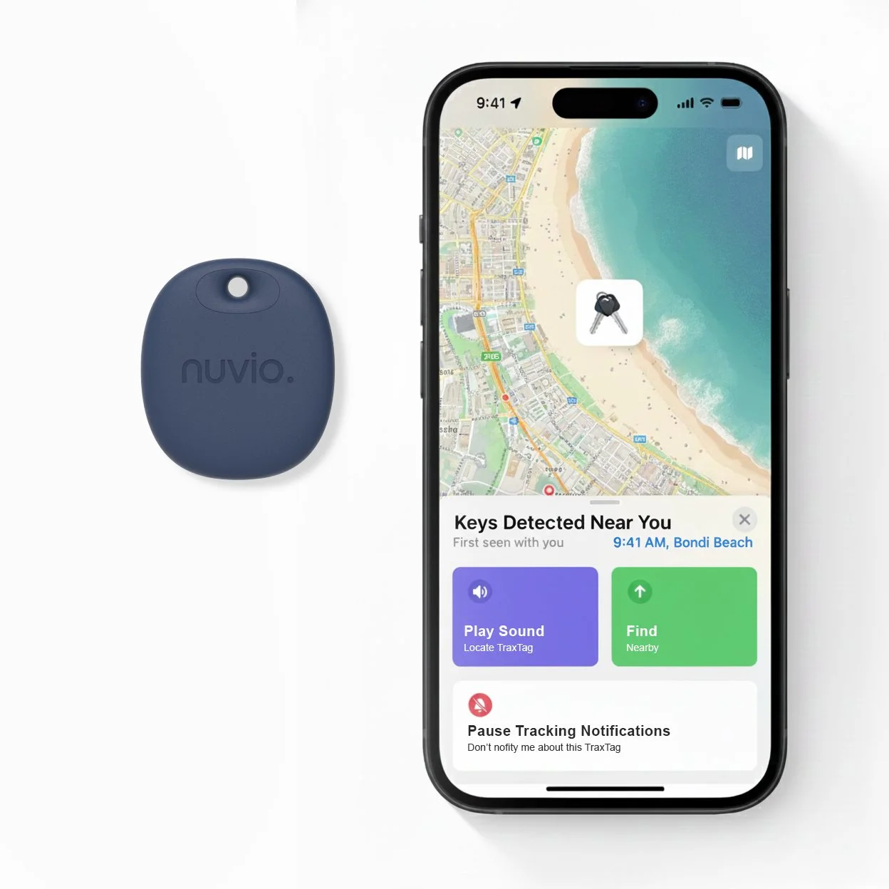 A smartphone displays a map with a key icon and a detected keys alert, located near Bondi Beach, along with options to play a sound or find nearby.