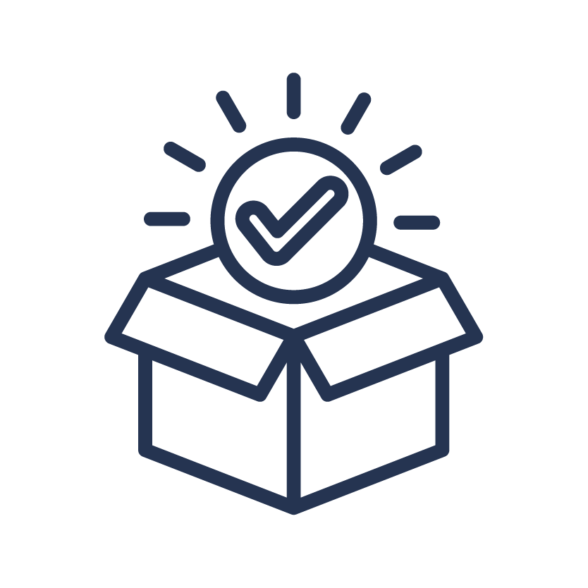 Outline illustration of an open box with a checkmark inside a circle above it, radiating light or emphasis.