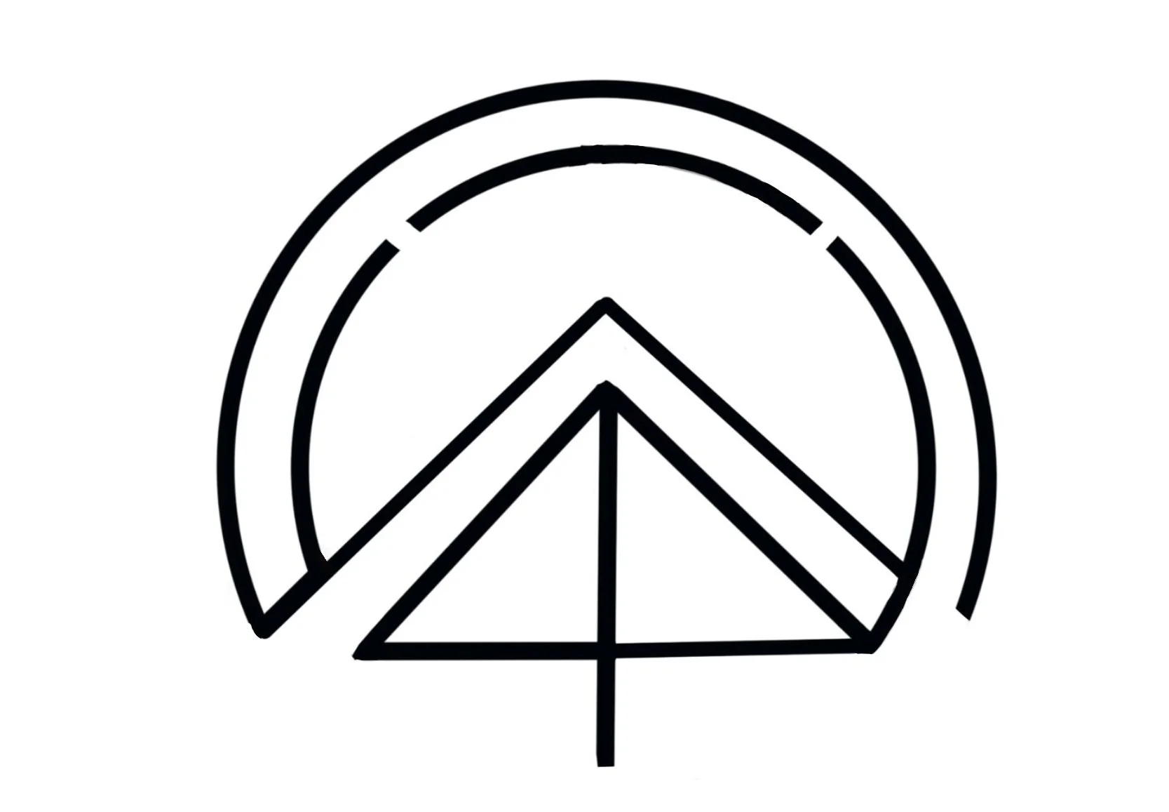 Black line art of a stylized umbrella with a triangular shape, with two semicircular lines above it, representing a rainbow or arc, in a minimalist design.