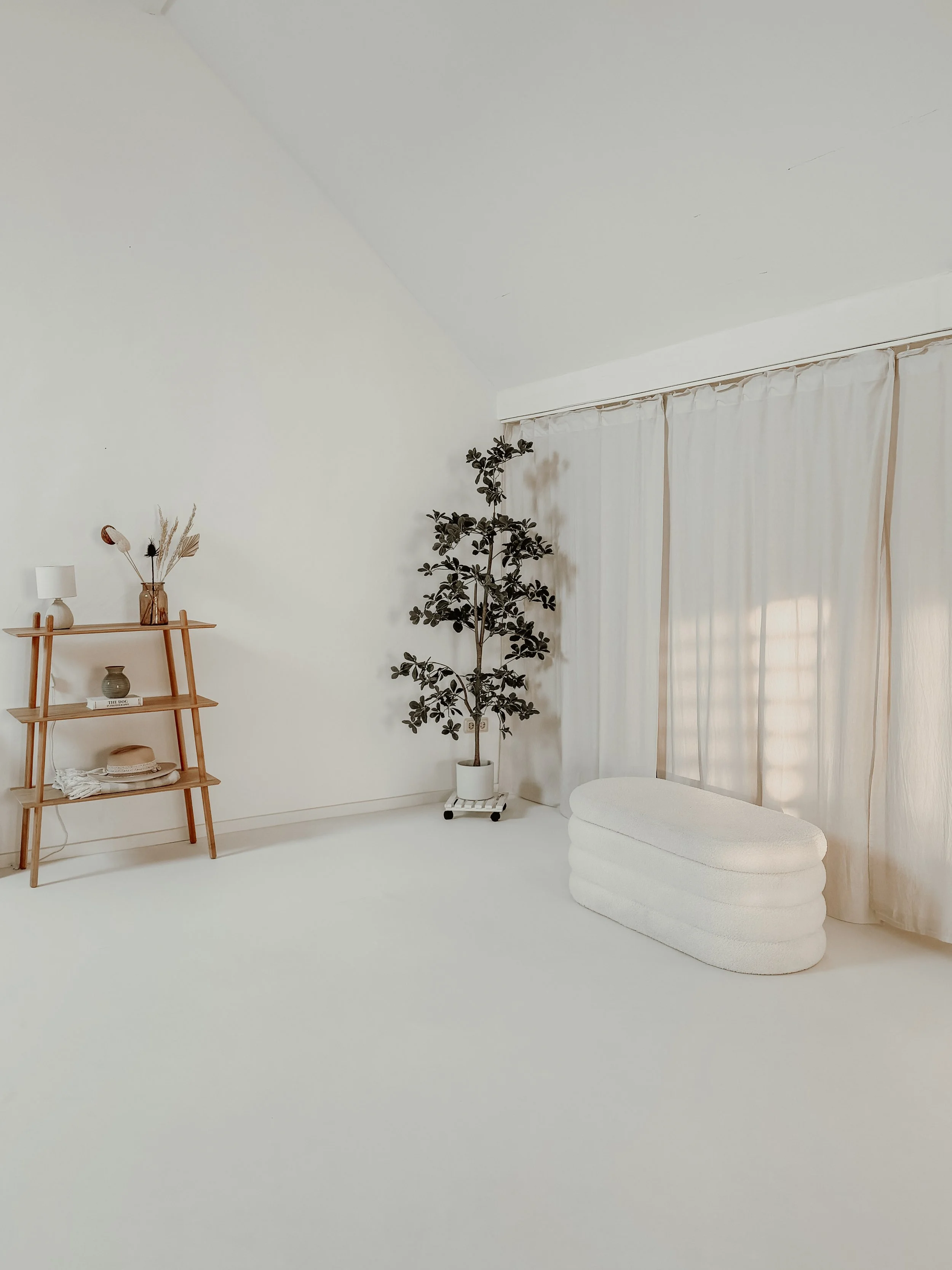 Ein minimalistisches, weißes Interior mit einem Holregal, einem weißen Sitzhocker und einer großen Pflanze in einem weißen Raum, vor weißen Vorhängen.