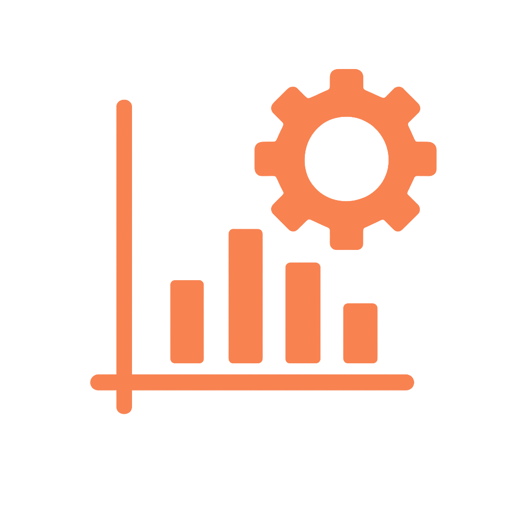 An orange bar chart with four bars decreasing in height from left to right, a vertical axis on the left, a horizontal axis at the bottom, and a gear icon above the right side of the chart.