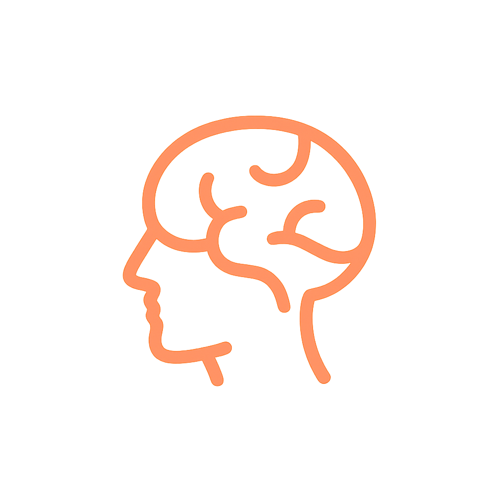 Neon outline of a human head with a brain inside, depicted in orange.