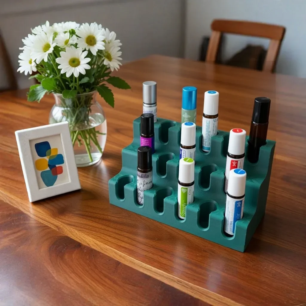 Suport tip podium verde închis, printat 3D de Marian, special conceput pentru organizarea perfectă a 10 roll-on-uri de 10 ml.