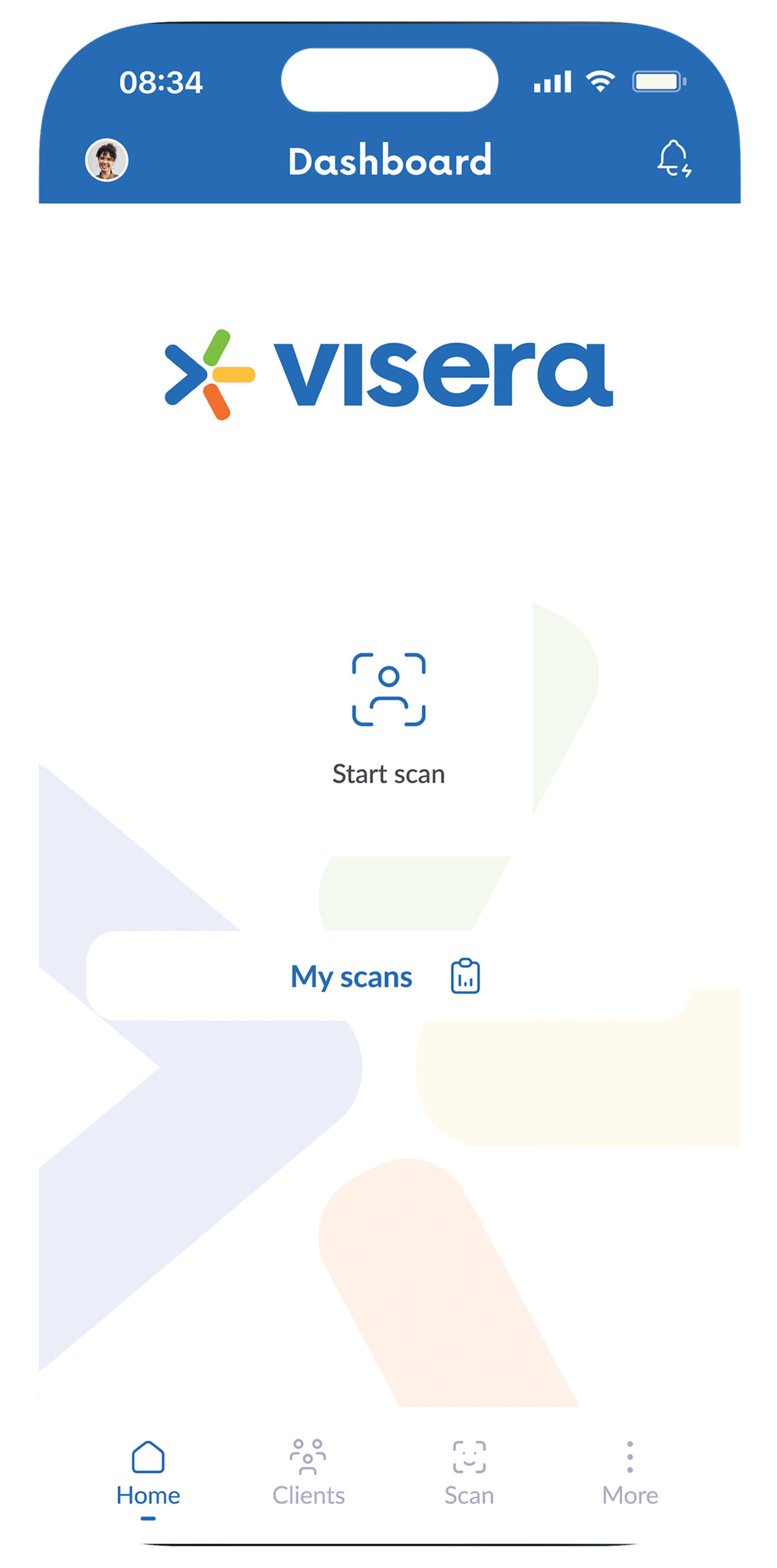 Ecranul principal al aplicației Visera Link afișat pe un smartphone. Interfața curată evidențiază butonul central de Start Scanare, ilustrând simplitatea și accesibilitatea procesului de evaluare biometrică non-invazivă.