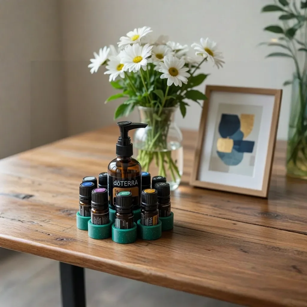 Organizator circular teal printat 3D, prezentând sticluțe dōTERRA aranjate estetic pe o masă de lemn, sugerând o atmosferă relaxantă de wellness.