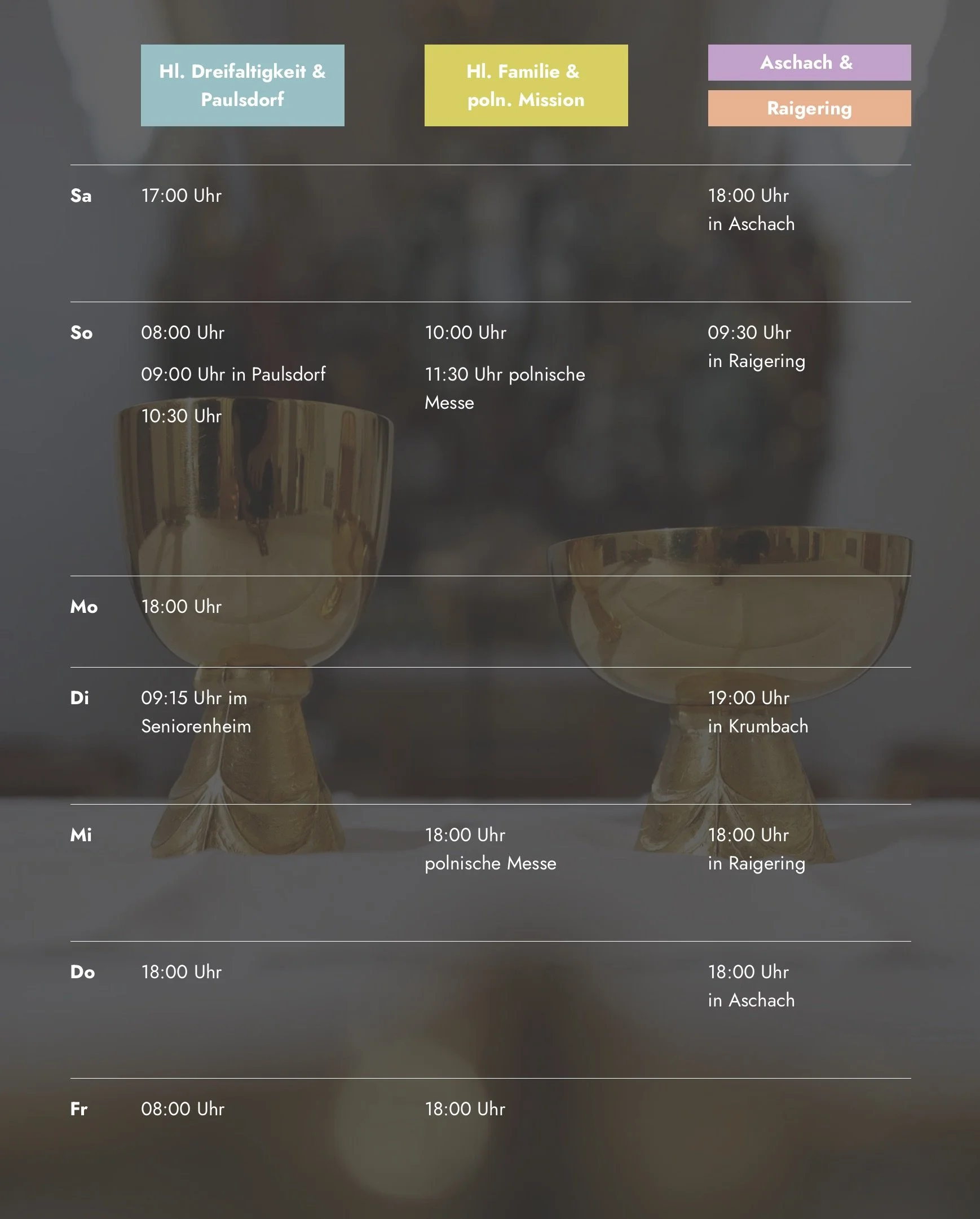 Wöchentlicher Veranstaltungsplan mit Farben für verschiedene Gruppen, inklusive Termine und Orte, vor einem Hintergrund von goldenen Kelchen.