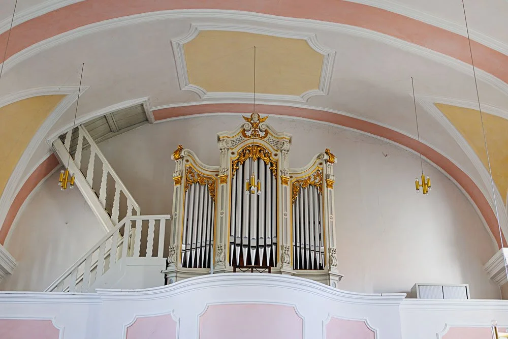 Ein barockartiges Orgelgehäuse mit goldener Verzierung, eingebettet in eine helle, dekorierte Kirchenwand mit einer pinken und weißen Farbgestaltung.
