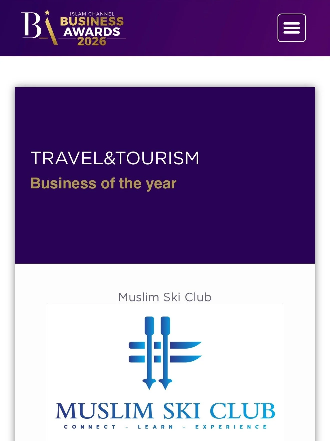Website screenshot for the Muslim Ski Club with a header indicating an award for Business of the Year at the 2026 Islam Channel Business Awards. The logo features blue skis and poles with the club's name and the tagline 'Connect - Learn - Experience'.