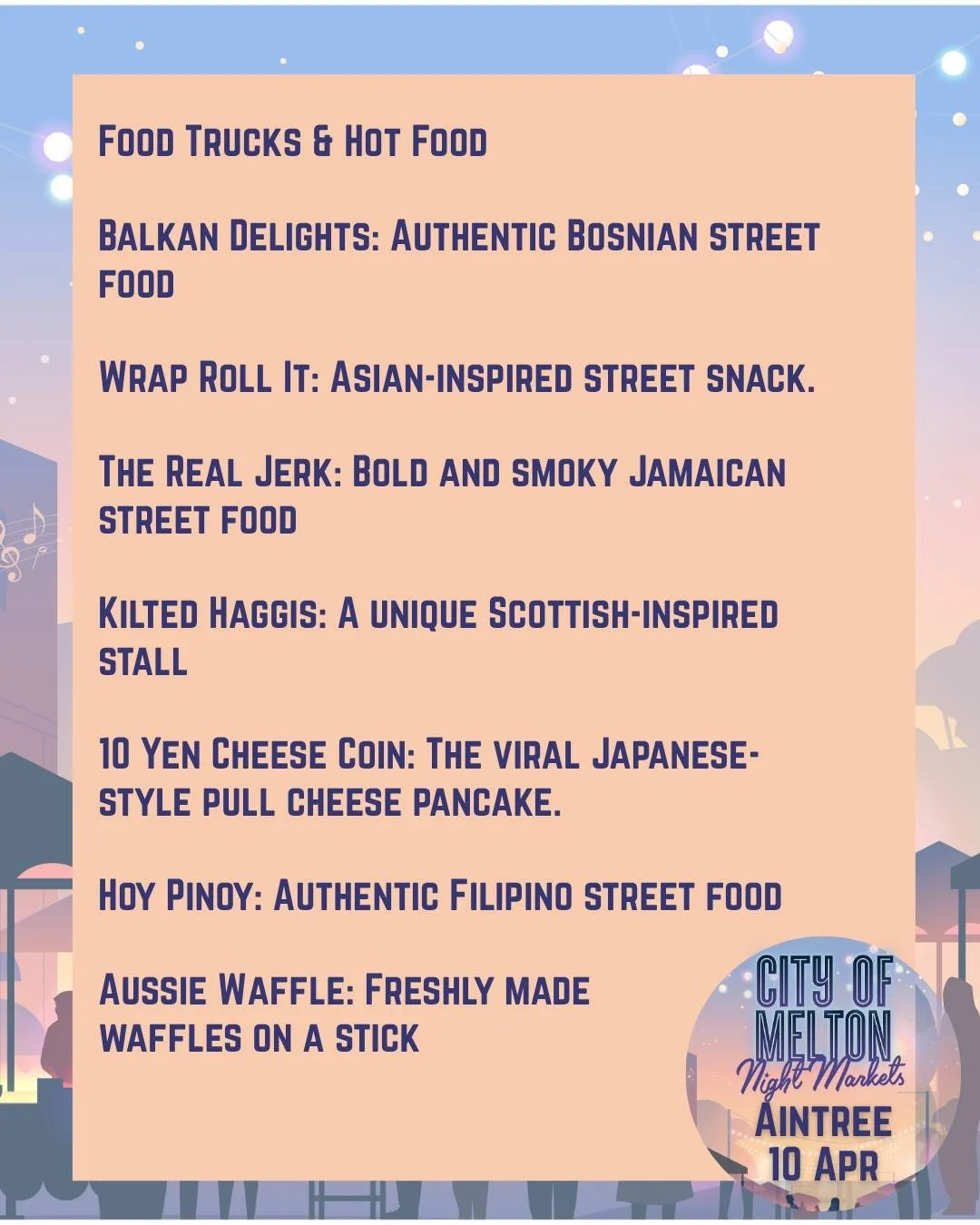 Come hungry &mdash; you&rsquo;re going to want to try everything
Here&rsquo;s just a taste of what&rsquo;s coming to Aintree:

@@balkandelights_ : Authentic Bosnian street food 
@wraprollit : Asian-inspired street snack.
@therealjerkfoodtruck : Bold 