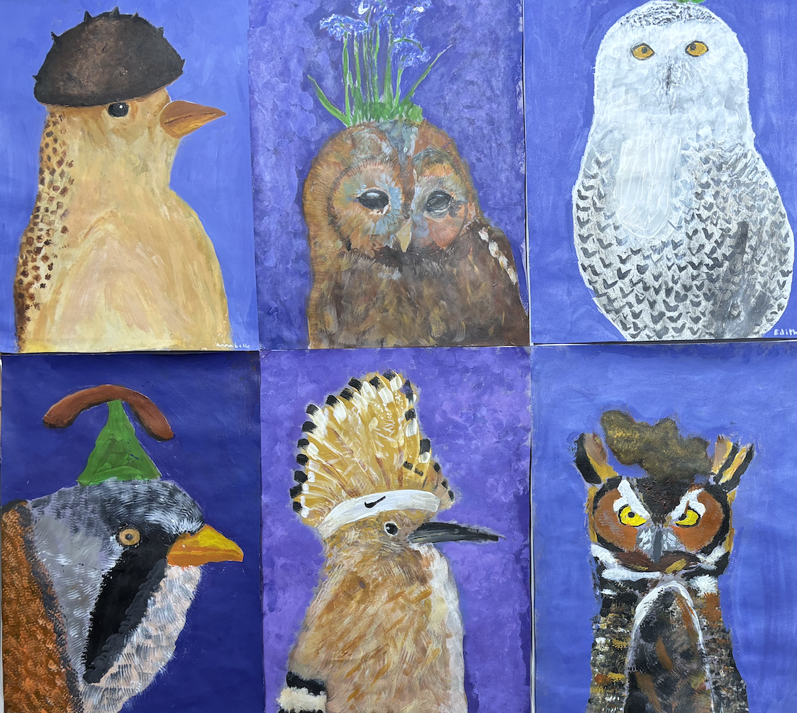 Six painted animal portraits on blue backgrounds, including a cheetah with a hat, an owl with green plants on its head, a snowy owl, a penguin wearing a green scarf, a woodpecker with a feathered headdress, and a tiger with a crown.