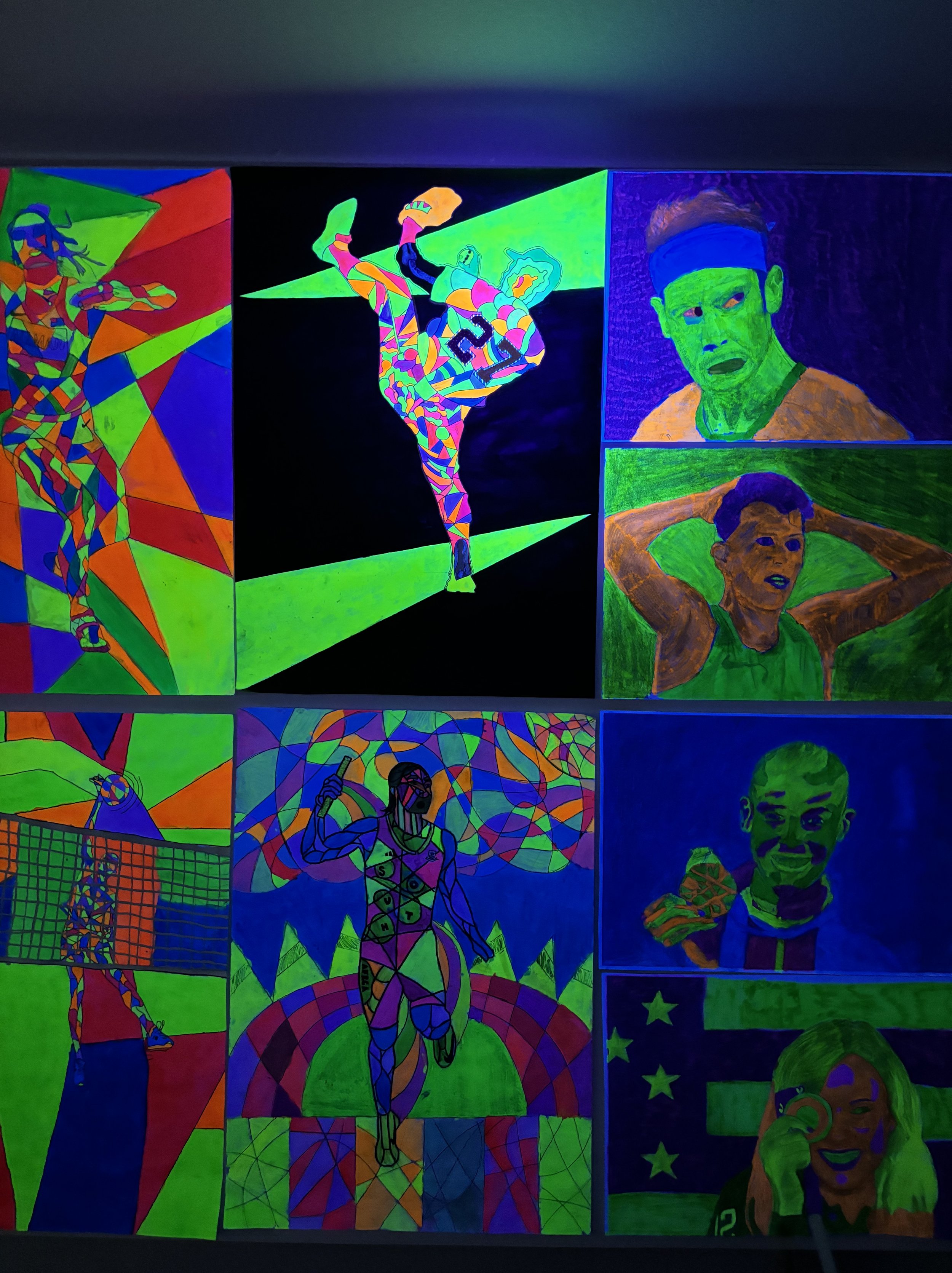 Colorful neon-style artwork featuring various athletes and sports activities including volleyball, tennis, and gymnastics, with portraits of individuals and a woman on the phone.
