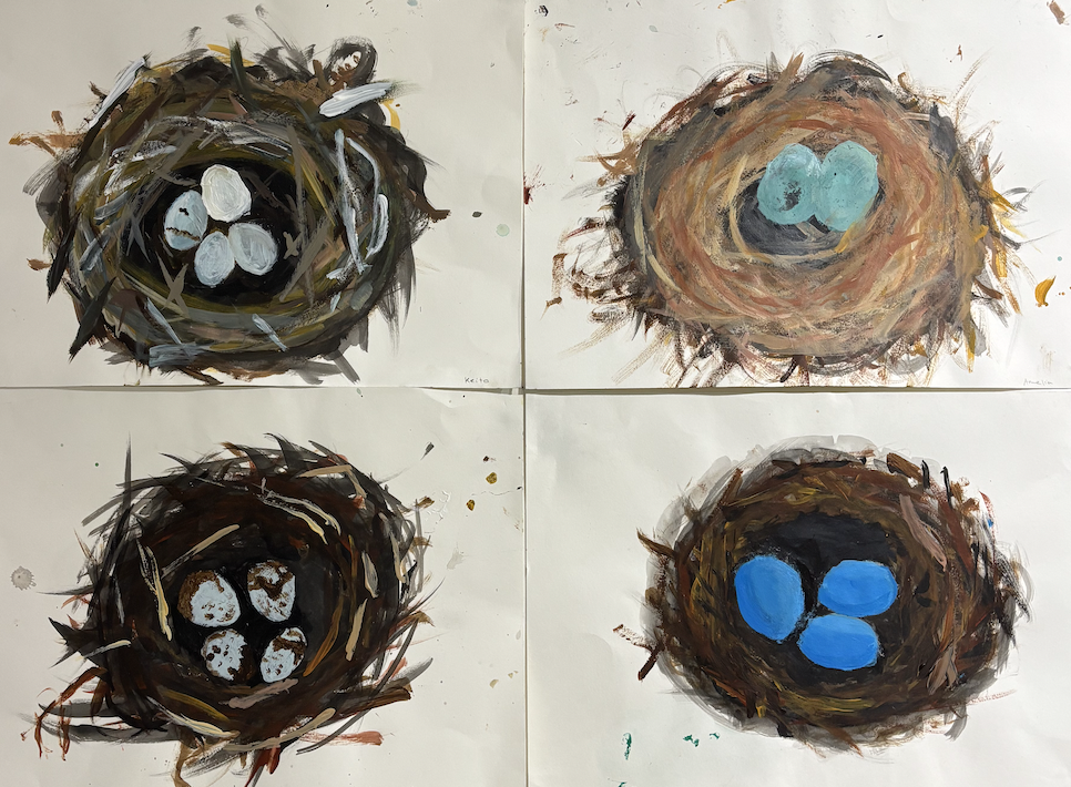 Four children's paintings of bird nests with eggs, each with different colors and styles, painted with bold brushstrokes.