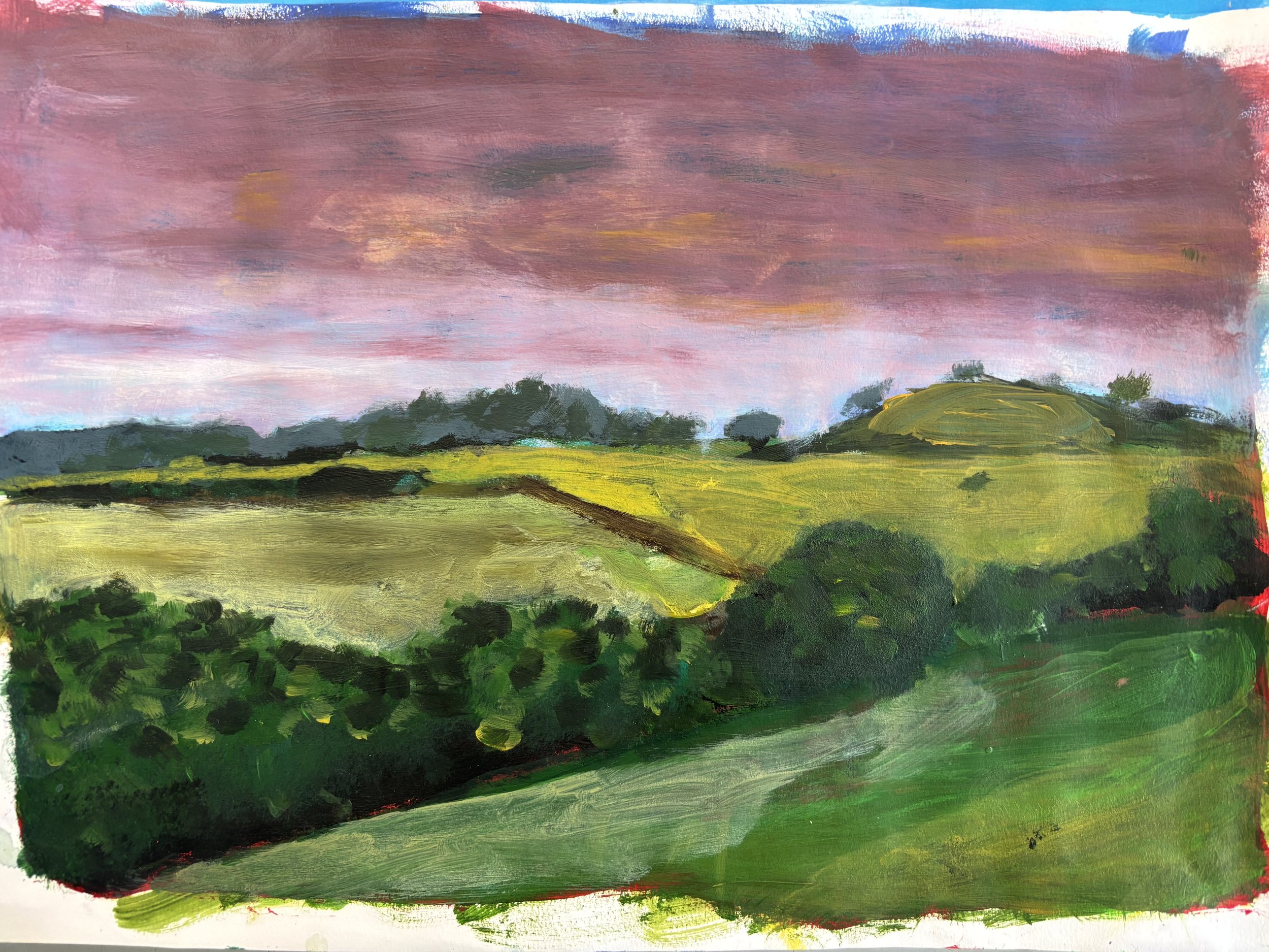 A colorful landscape painting of rolling green hills, trees, and a pink and purple sky at sunset.