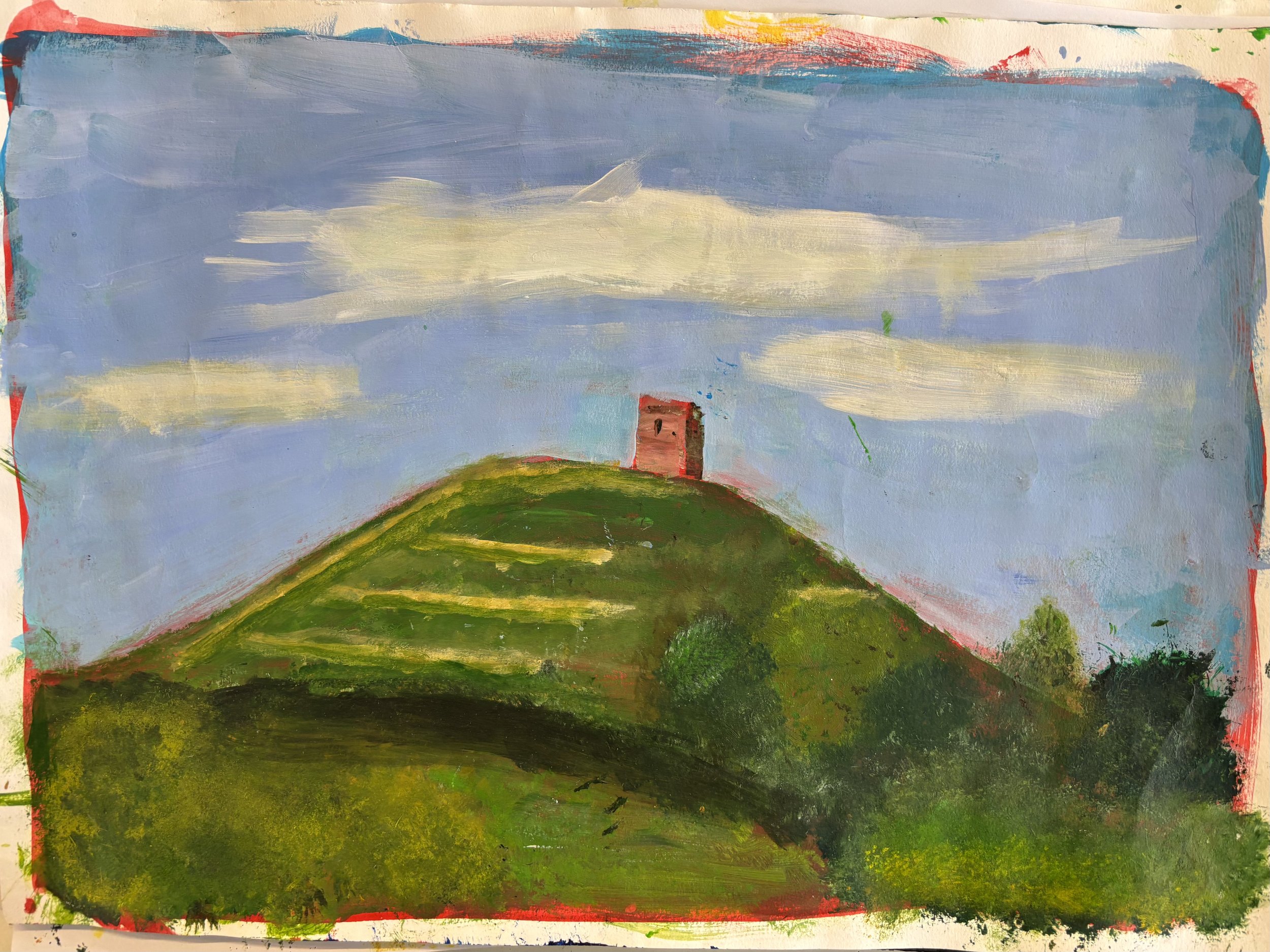Painting of a green hill with a small red building at the top, under a sky with clouds.
