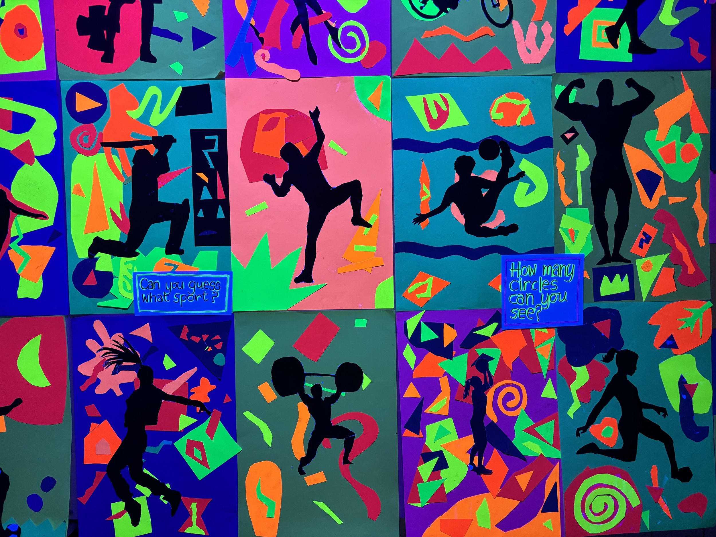 Colorful abstract artwork with silhouettes of people engaging in various sports and physical activities, surrounded by geometric shapes and vibrant patterns.