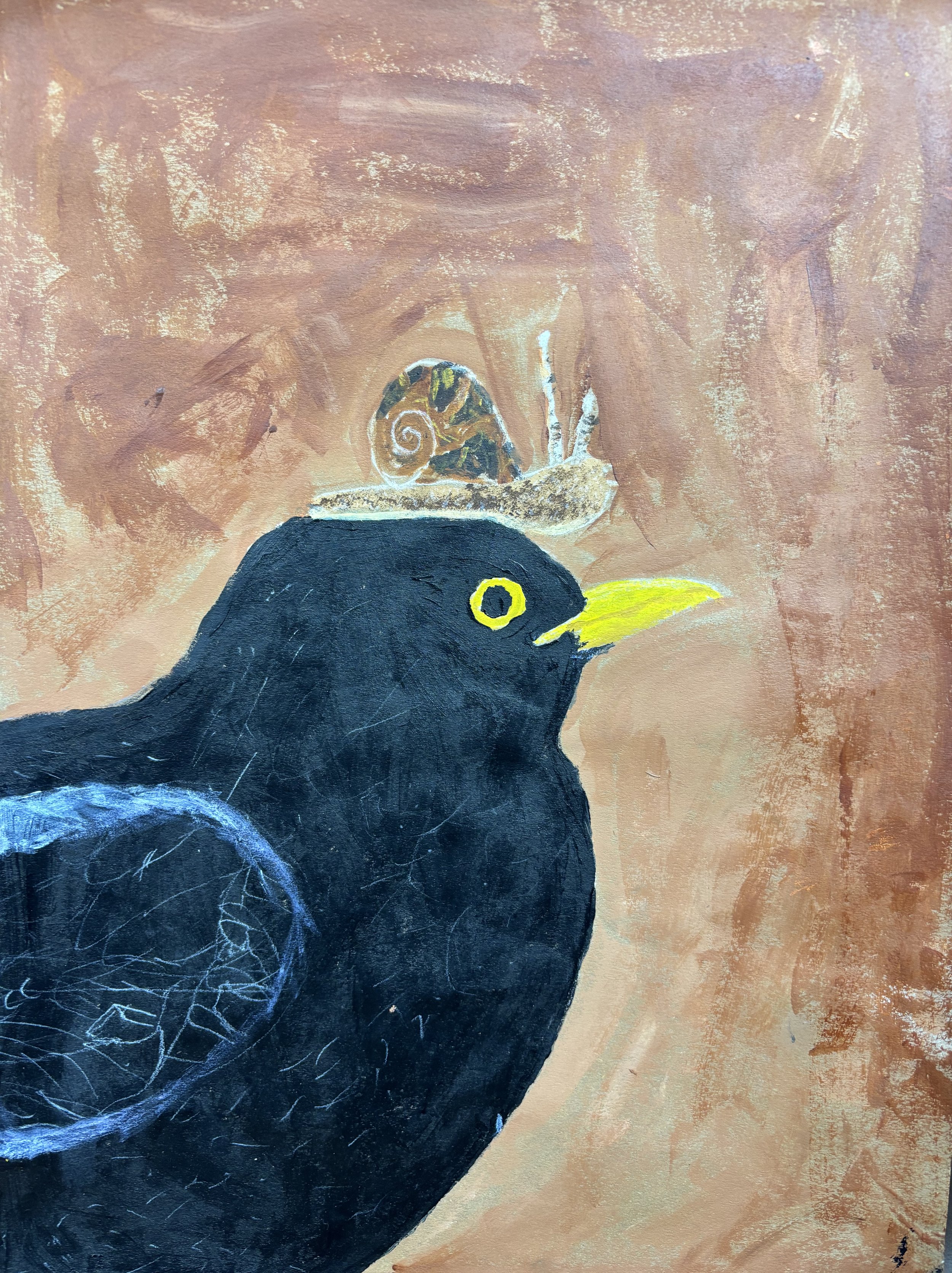 Painting of a black bird with a yellow beak and eye, with a snail on its head and a butterfly perched on the shell.