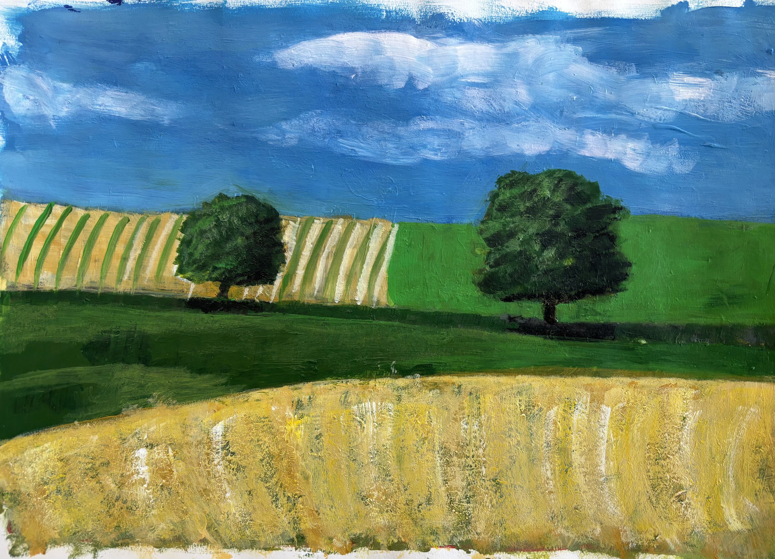 A painting of a rural landscape with two trees, green fields, a blue sky with clouds, and a wheat field in the foreground.