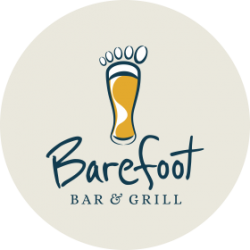 Logo for Barefoot Bar & Grill, featuring a stylized beer glass and text.