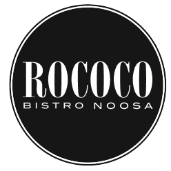 Rococo Bistro Noosa logo with white text on a black circular background.