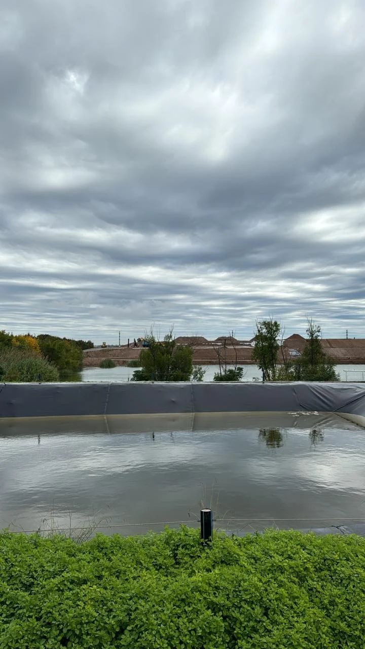 Cielo nublado sobre un paisaje con arbustos verdes, árboles y tejados de casas al fondo, y una piscina inflable con agua en primer plano.